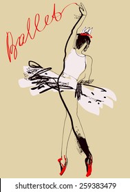 Art sketched ballerina in ballet pose. Hand drawn vector illustration.