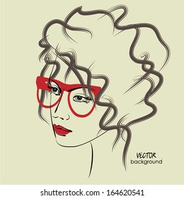 art sketched beautiful girl face in profile with glasses and curly long hair, in vector