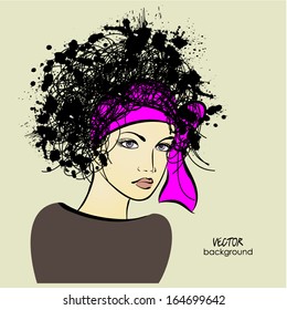 art sketched beautiful girl face with black curly hair and  headscarf  in vector