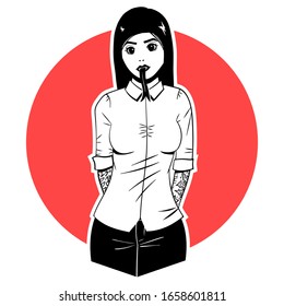 Art sketched beautiful girl portrait. Asian woman with a long snake tongue, makeup and tattoo Hand drawn vector illustration. Ink drawing rock music art. Black and white. For printing on t-shirts