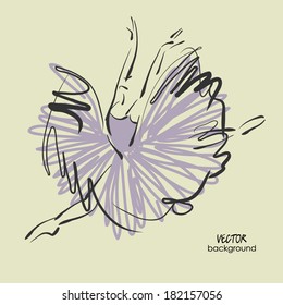 art sketched beautiful young ballerina with long tutu dancing. Vector.