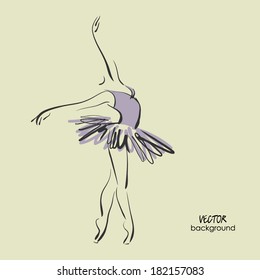 art sketched beautiful young ballerina with tutu in ballet pose. Vector.