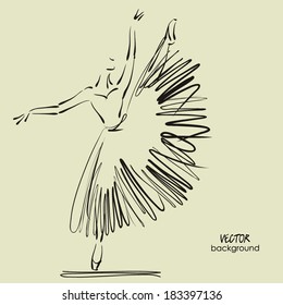 art sketched beautiful young ballerina with long tutu in the dance. Vector.