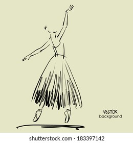 art sketched beautiful young ballerina with long tutu in the ballet pose. Vector.