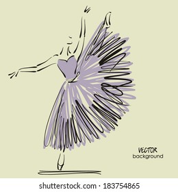 art sketched beautiful young ballerina with long tutu in the dance. Vector.