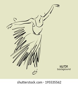 art sketched beautiful young ballerina with long tutu in the dance. Vector.