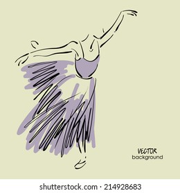 art sketched beautiful young ballerina with long tutu in the dance pose. Vector.