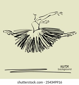 art sketched beautiful young ballerina with long tutu in fly dance. Vector.