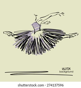 art sketched beautiful young ballerina with long tutu in fly dance. Vector.