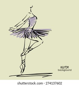 art sketched beautiful young ballerina with tutu in pose of dance. Vector.