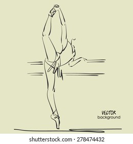 art sketched beautiful young ballerina in tights high raised her leg ballerina in class at ballet barre. Vector illustration