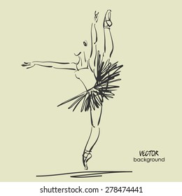 art sketched beautiful young ballerina with tutu high raised her leg in pose of dance. Vector illustration
