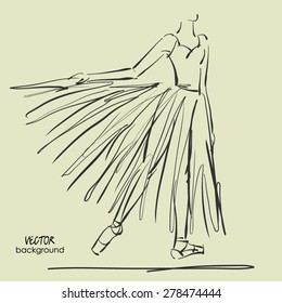 art sketched beautiful young ballerina with long tutu in a static position of bow. Vector illustration