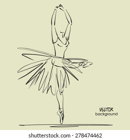 art sketched beautiful young ballerina with long tutu in pose of dance with raised her hands. Vector illustration