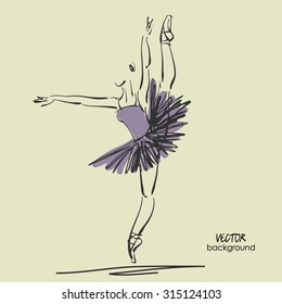 art sketched beautiful young ballerina with tutu high raised her leg in pose of dance. Vector illustration