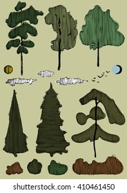 art sketched collection of trees. hand drawn vector illustration
