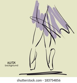 art sketched legs of beautiful young ballerina in the light dress and  in the ballet pose. Vector.