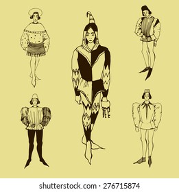 art sketched men in costume of gothic period. historical costume. 13 century. theatre costume