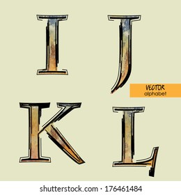 art sketched set of vector character classic colorful fonts, uppercase symbols, signs I, J, K, L
