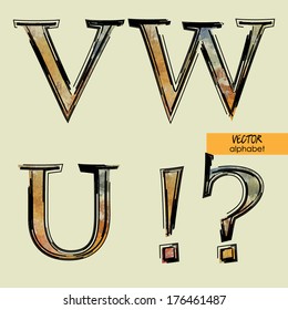 art sketched set of vector character classic colorful fonts, uppercase symbols, signs V, W, U,, question and exclamation mark