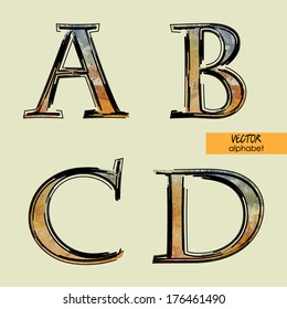 art sketched set of vector character classic colorful fonts, uppercase symbols, signs A, B, C, D