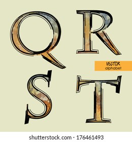 art sketched set of vector character classic colorful fonts, uppercase symbols, signs Q, R, S, T