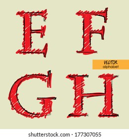 art sketched set of vector character classic and doodle fonts, uppercase symbols, signs E, F, G, H