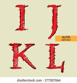 art sketched set of vector character classic and doodle fonts, uppercase symbols, signs  I, J, K, L