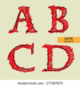 art sketched set of vector character classic and doodle fonts, uppercase symbols, signs A, B, C, D