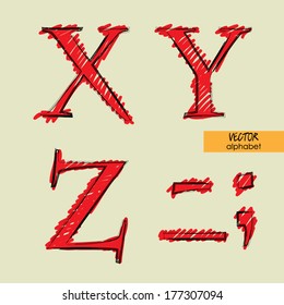 art sketched set of vector character classic and doodle fonts, uppercase symbols, signs X, Y, Z, period, comma, dash