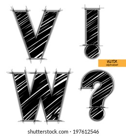 art sketched set of vector character classic black fonts, uppercase symbols, letters V, W, question or exclamation mark