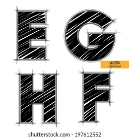 art sketched set of vector character classic black fonts, uppercase symbols, letters E, F, G, H