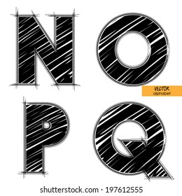 art sketched set of vector character classic black fonts, uppercase symbols, letters N, O, P, Q