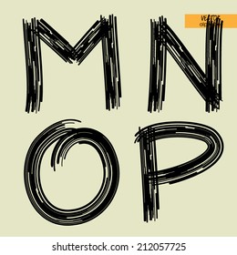art sketched set of vector character handmade graphic black fonts, uppercase symbols, letters M, N, O, P