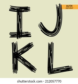 art sketched set of vector character handmade graphic black fonts, uppercase symbols, letters I, J, K, L