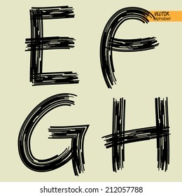 art sketched set of vector character handmade graphic black fonts, uppercase symbols, letters E, F, G, H