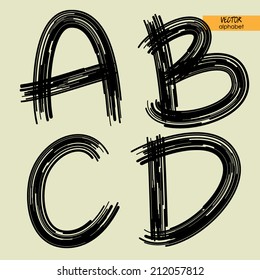 art sketched set of vector character handmade graphic black fonts, uppercase symbols, letters A, B, C, D
