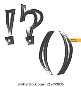 conjunto esbozado de arte de caracteres de grunge vectorial fuentes negras clásicas, símbolos en mayúsculas, pregunta y exclamación, marcas de corchetes