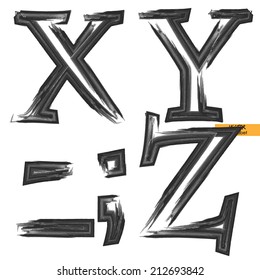 art sketched set of vector grunge character classic black fonts, uppercase symbols, letters X, Y, Z and sign point, semicolon and comma, dash and underscore marks