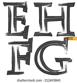 art sketched set of vector grunge character classic black fonts, uppercase symbols, letters E, H, F, G