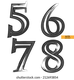 conjunto de caracteres dibujados en arte de grunge vectorial fuentes negras clásicas, símbolos en mayúsculas, figuras 5, 6, 7, 8