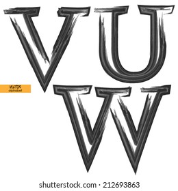 art sketched set of vector grunge character classic black fonts, uppercase symbols, letters U, V, W