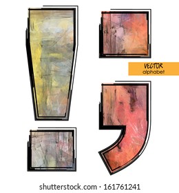 art sketched stylization alphabet in vector, colorful font, sign period, comma, exclamation mark