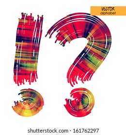 art sketched stylization alphabet in vector, rainbow font, sign question or exclamation mark