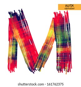 art sketched stylization alphabet in vector, rainbow font, sign M
