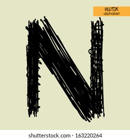art sketched stylization alphabet in vector, black grungy ink font, sign N