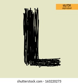 art sketched stylization alphabet in vector, black grungy ink font, sign L