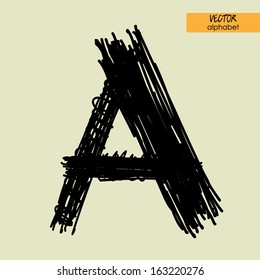 art sketched stylization alphabet in vector, black grungy ink font, sign A