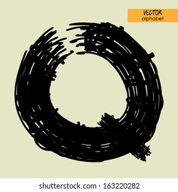 art sketched stylization alphabet in vector, black grungy ink font, sign Q