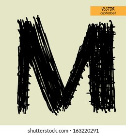 alfabeto de estilización esbozado en el vector, fuente de tinta gris negro, signo M